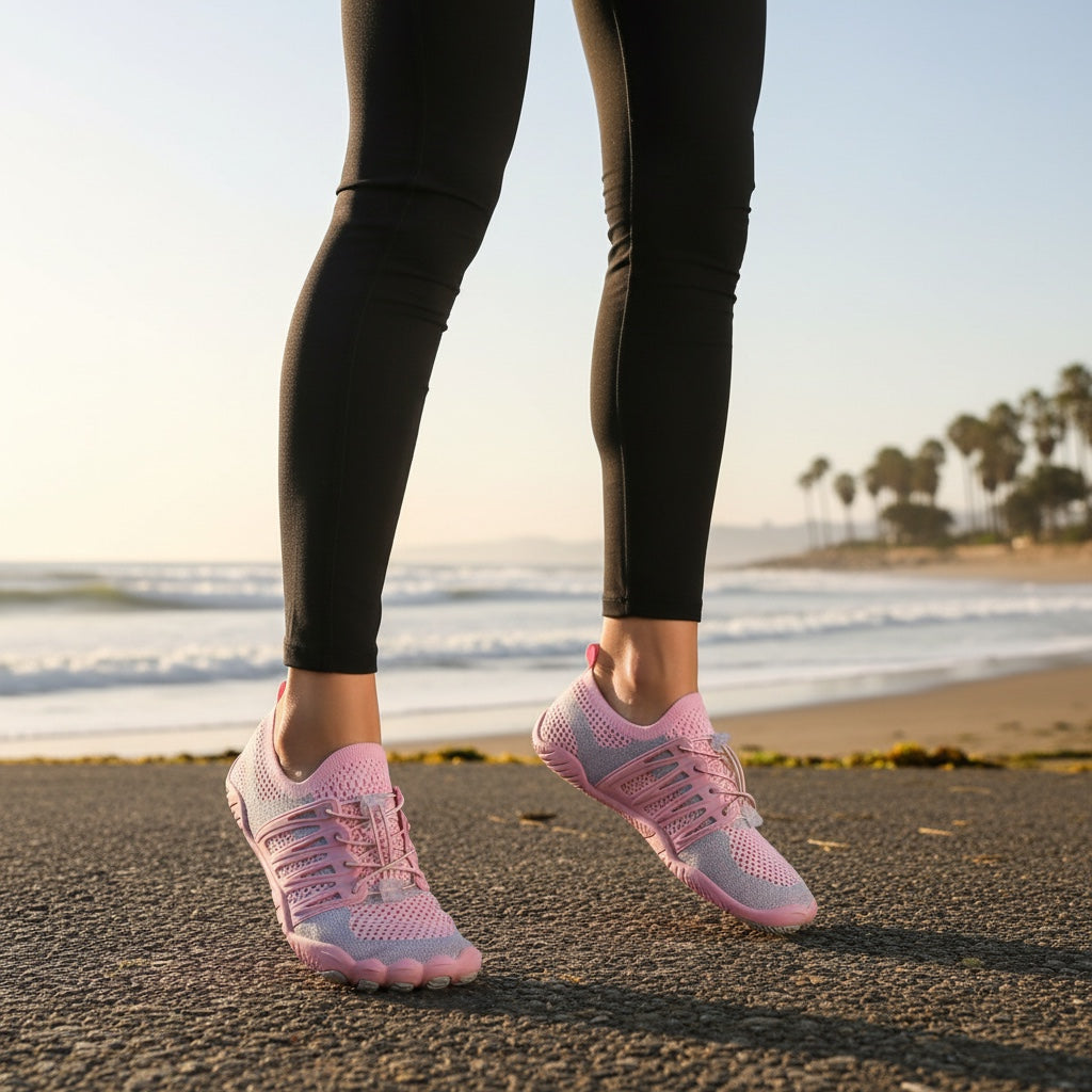 Person wearing pink barefoot shoes while walking outdoors near the beach