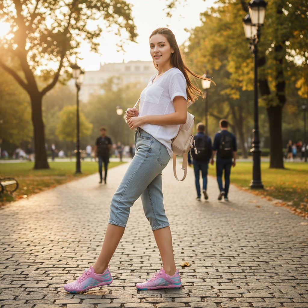 Pink barefoot shoes worn during an outdoor walk, highlighting their lightweight everyday style.