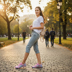 Pink barefoot shoes worn during an outdoor walk, highlighting their lightweight everyday style.