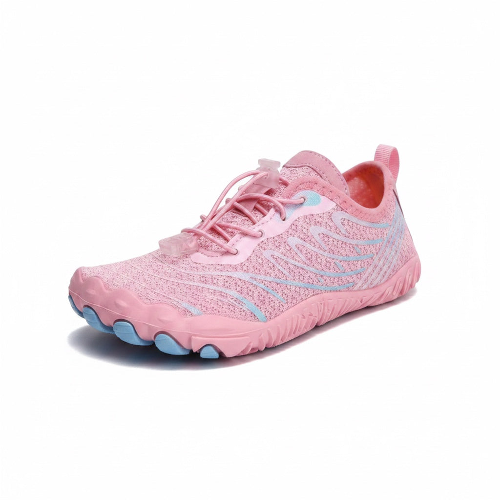 Pair of pink barefoot shoes displayed from an angled side view.