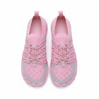 A pair of pink and light grey minimalist water shoes with mesh panels and lace-up fronts, shown from a top-down view 