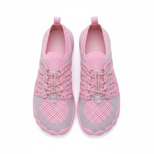 A pair of pink and light grey minimalist water shoes with mesh panels and lace-up fronts, shown from a top-down view 