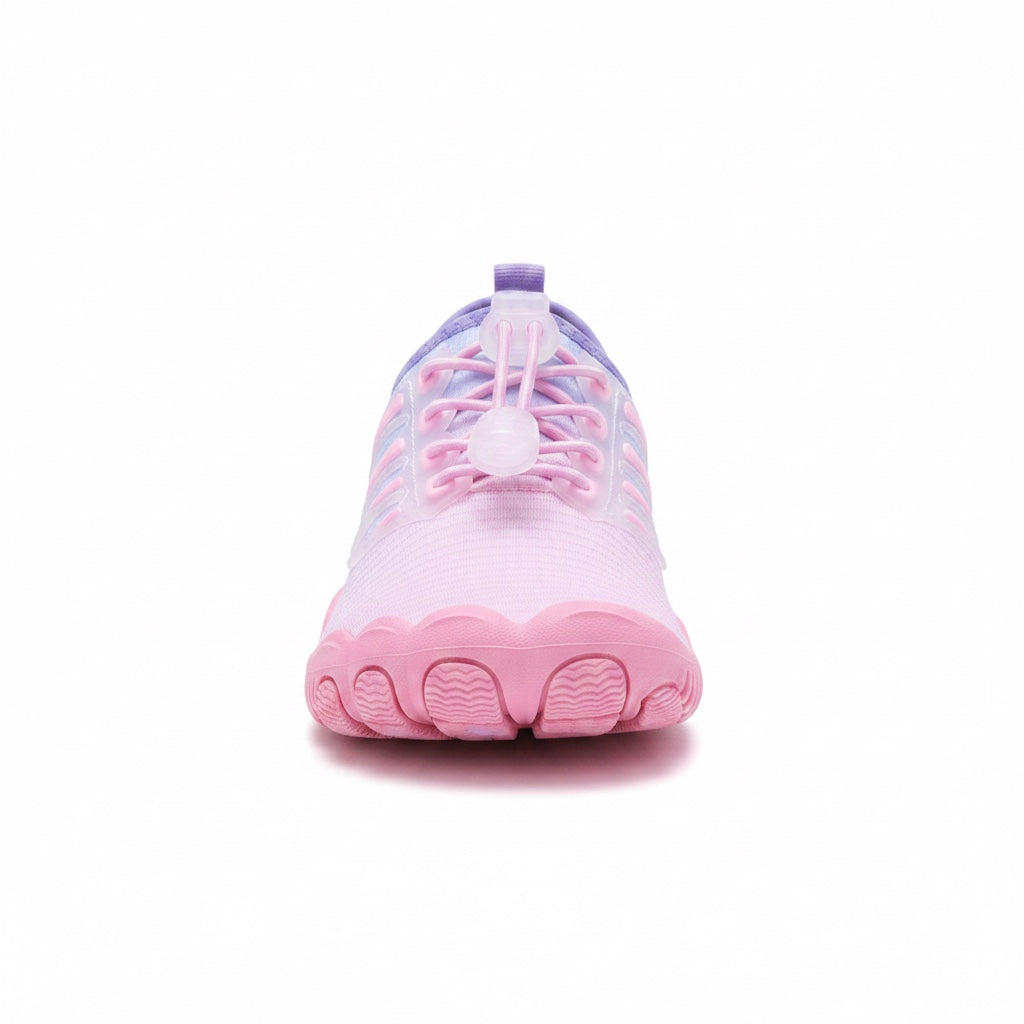 Front view of a pink barefoot water shoe with a flexible wide toe area