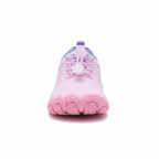Front view of a pink barefoot water shoe with a flexible wide toe area