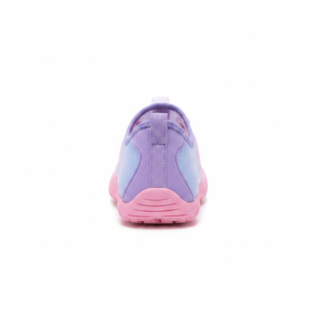 Rear view of a pink barefoot water shoe showing the heel and flexible sole