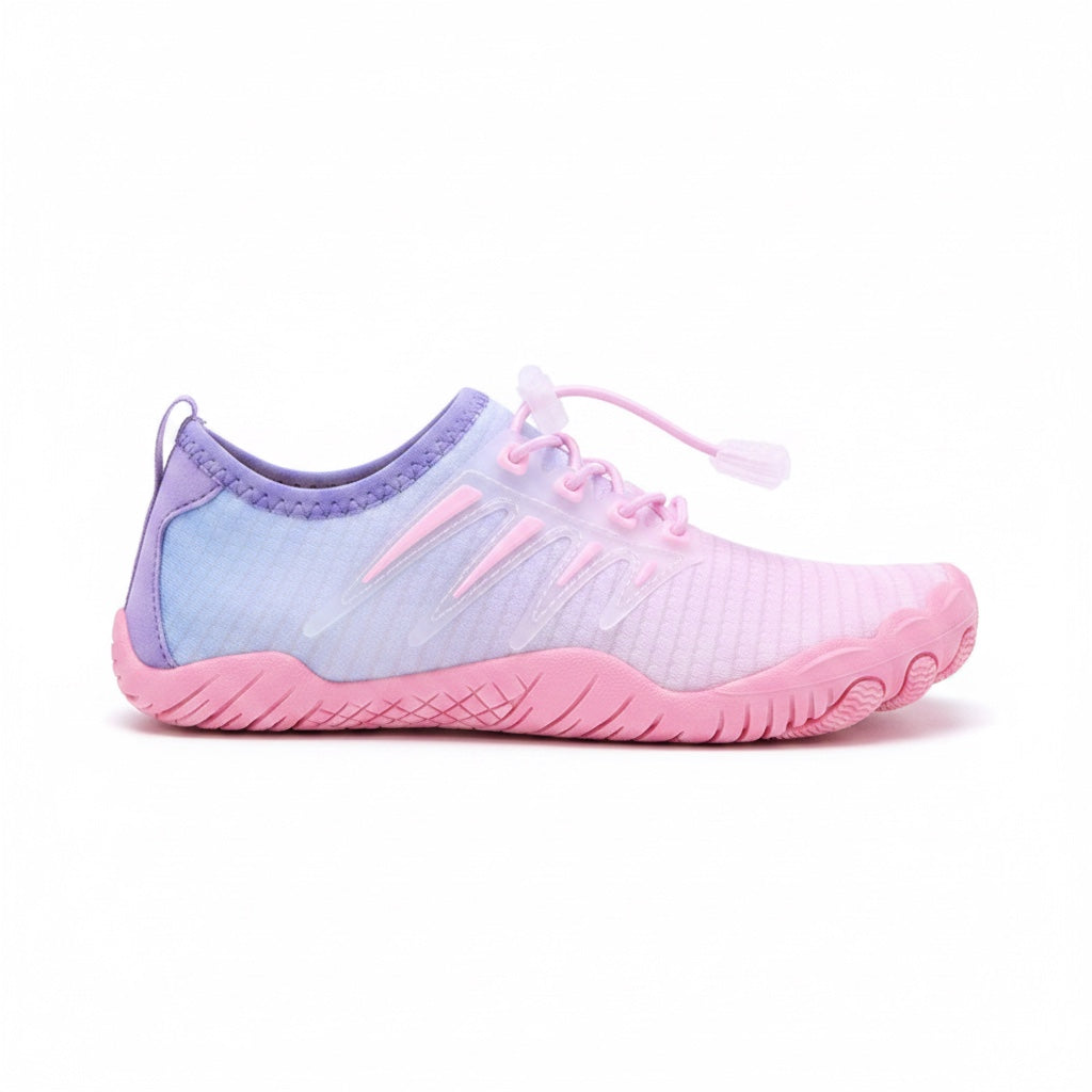 Pink barefoot water shoe with a flexible sole and lightweight breathable upper