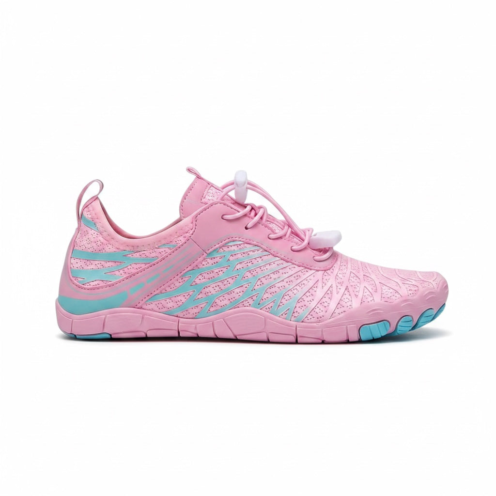Side profile of pink barefoot shoes showing the lightweight upper, flexible sole and minimalist design