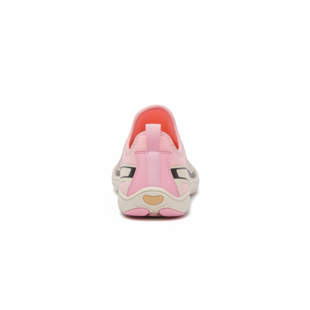 Rear view showing the supportive heel design and lightweight construction of the pink barefoot shoe.