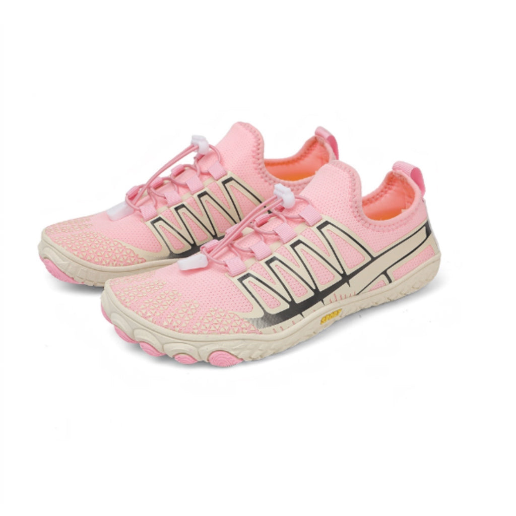 Pair of pink unisex barefoot shoes showcasing the overall shape and minimalist design.