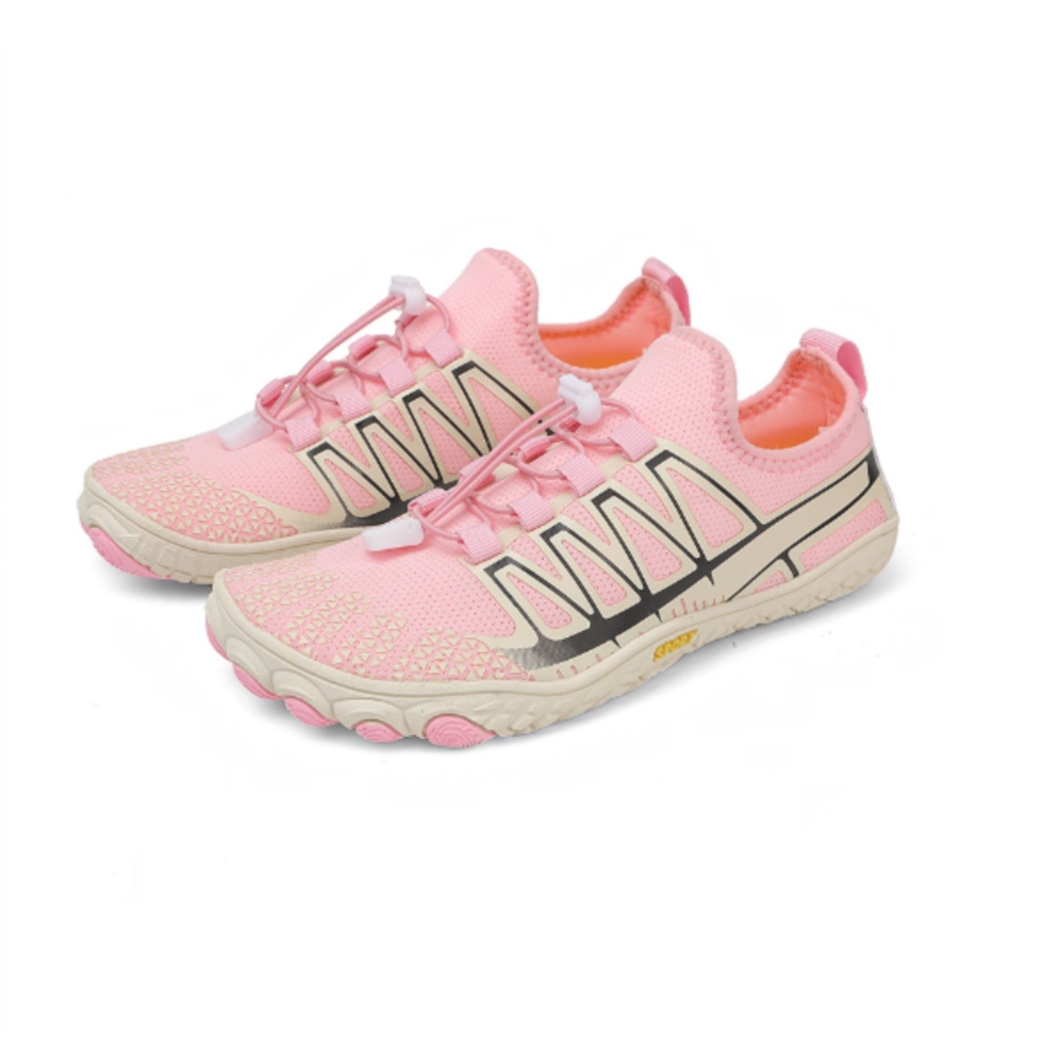 Pair of pink unisex barefoot shoes showcasing the overall shape and minimalist design.