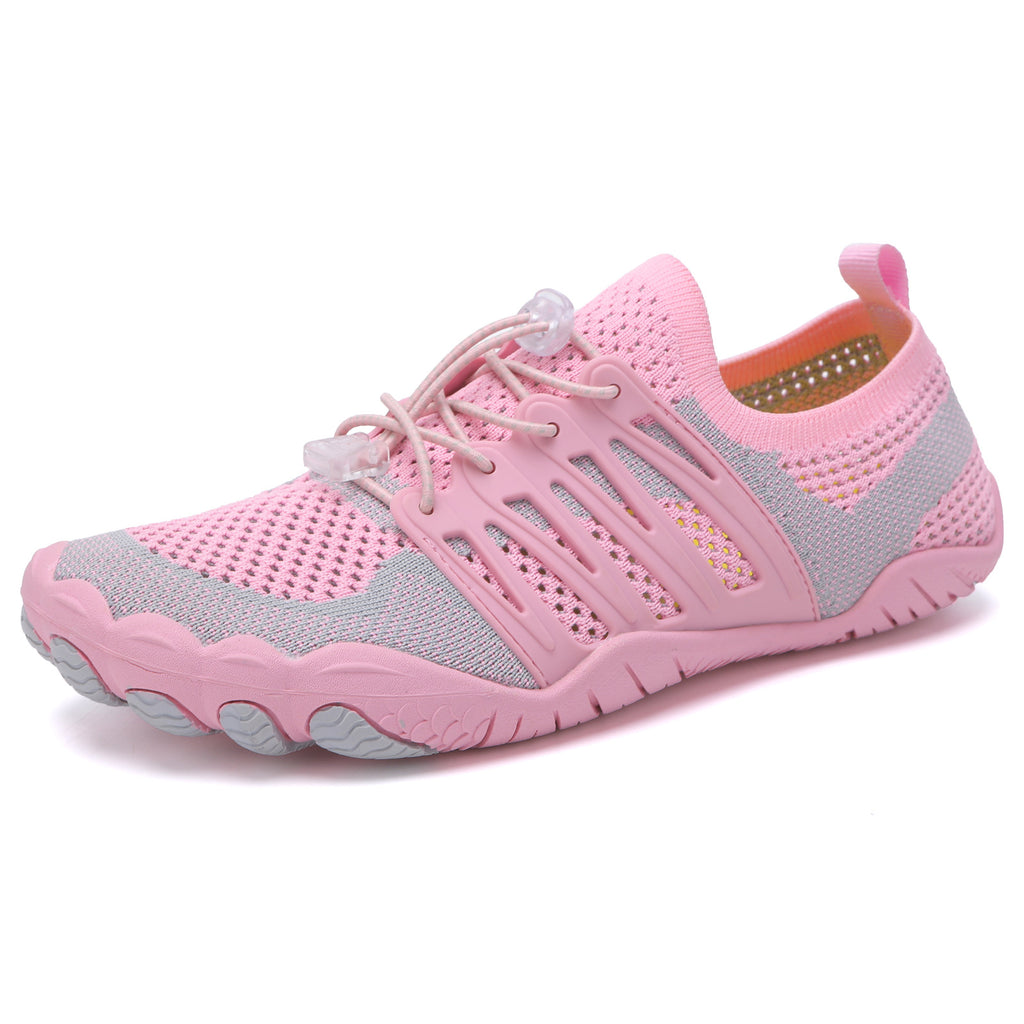 Pink unisex barefoot shoes shown from the side with breathable mesh and flexible soles