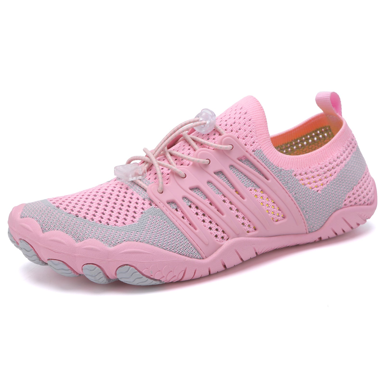 Pink unisex barefoot shoes shown from the side with breathable mesh and flexible soles