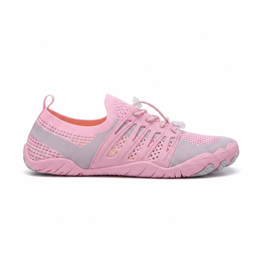 Pink unisex barefoot water shoe with breathable mesh upper and flexible textured sole