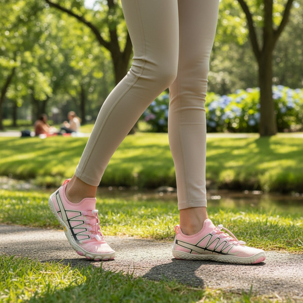 Barefoot shoes worn during an outdoor walk, showcasing their lightweight and flexible everyday style.