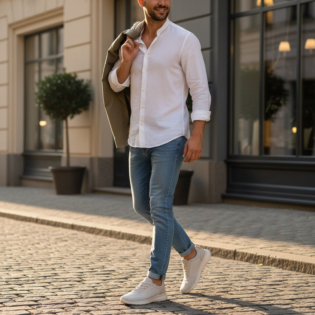 Beige barefoot Pulse shoe with wide toe, mage with high quality knit material worn to show the elegant finish by male model.