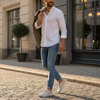 Beige barefoot Pulse shoe with wide toe, mage with high quality knit material worn to show the elegant finish by male model.