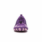 Front view of a purple unisex barefoot shoe with flexible sole and rounded toe