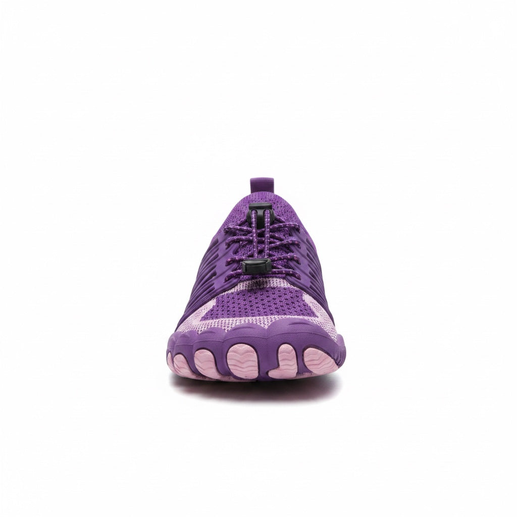 Front view of a purple unisex barefoot shoe with flexible sole and rounded toe