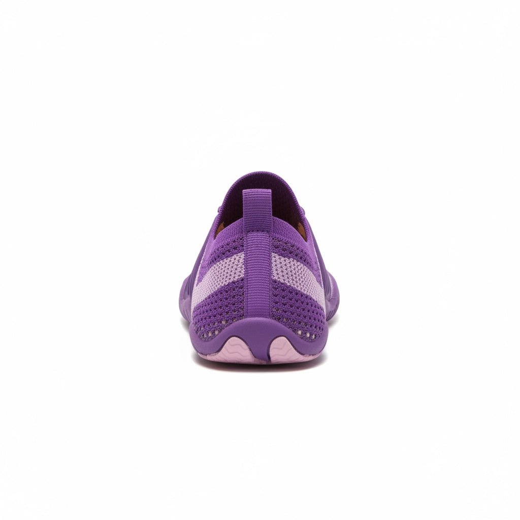 Rear view of a purple unisex barefoot shoe showing the heel and flexible sole