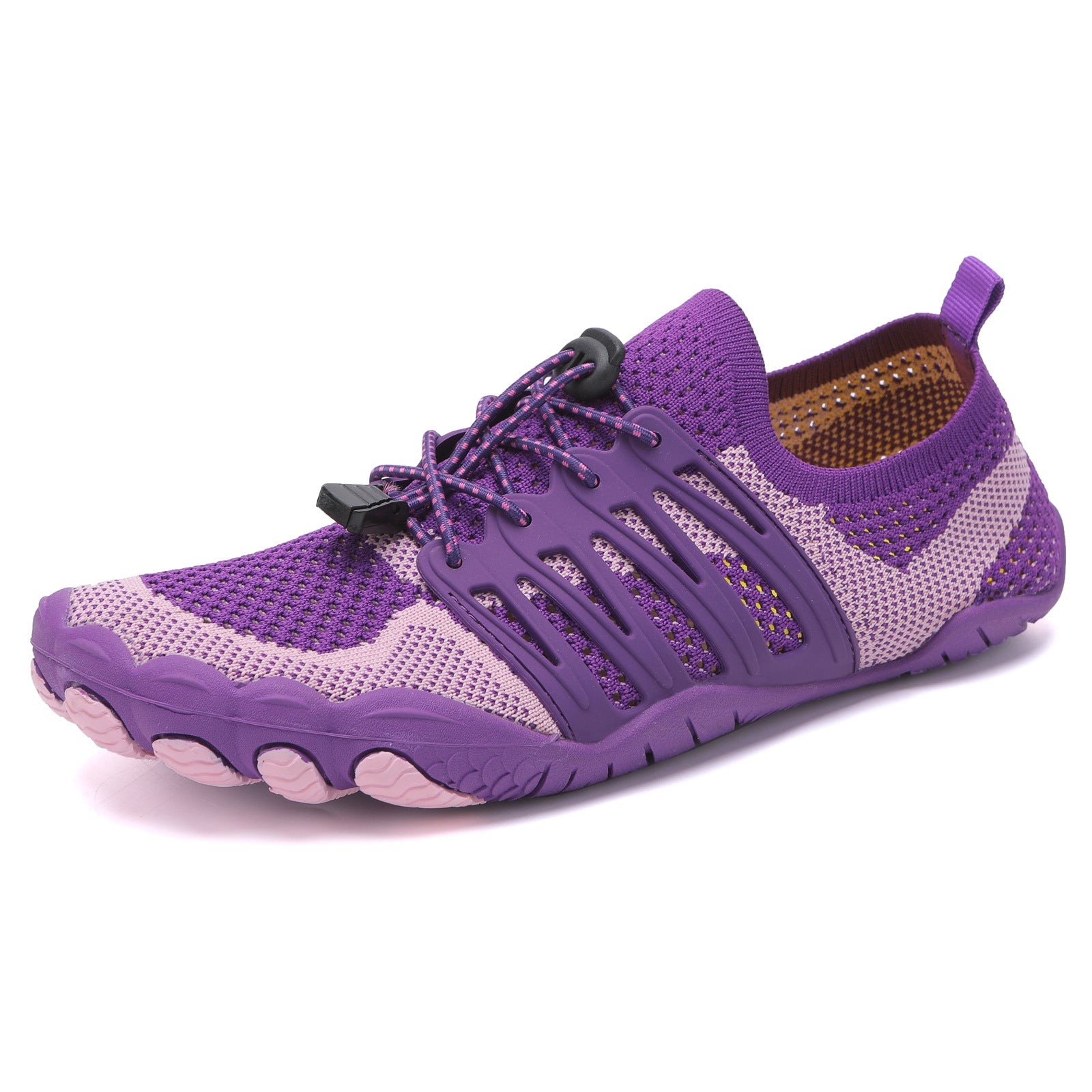 Purple unisex barefoot shoes shown from the side with breathable mesh and flexible sole