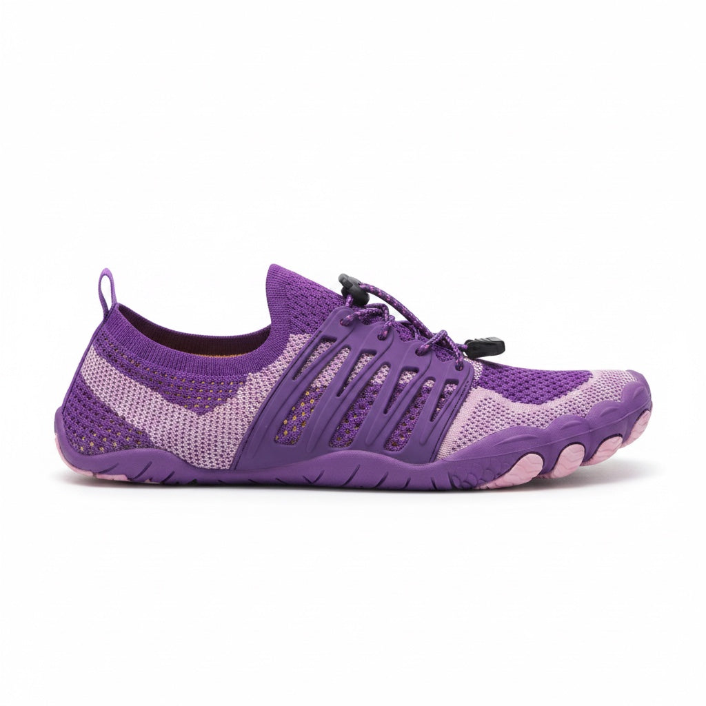 Purple unisex barefoot water shoe with breathable mesh upper and flexible textured sole