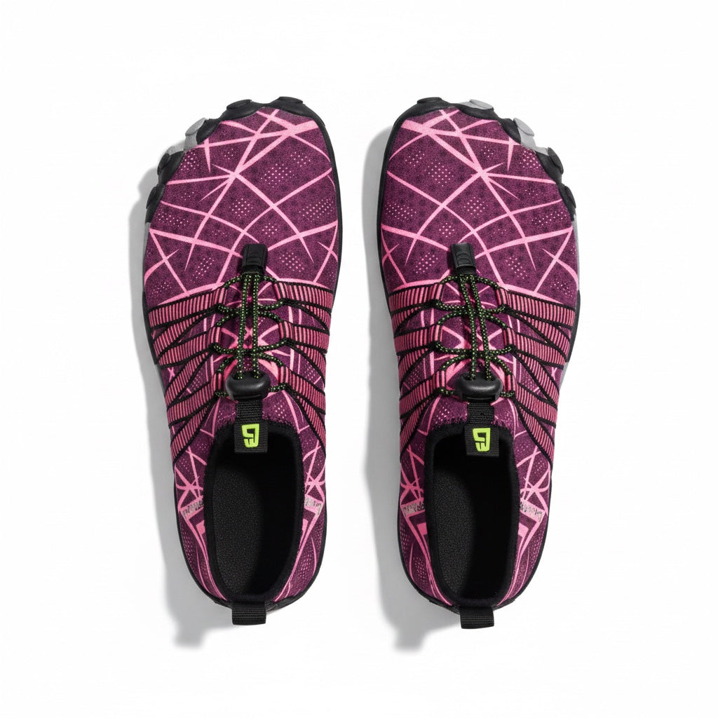 A pair of barefoot trail running shoes in a vibrant pink and purple geometric pattern, shown from a top down view.