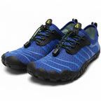 Blue Barefoot running shoes.