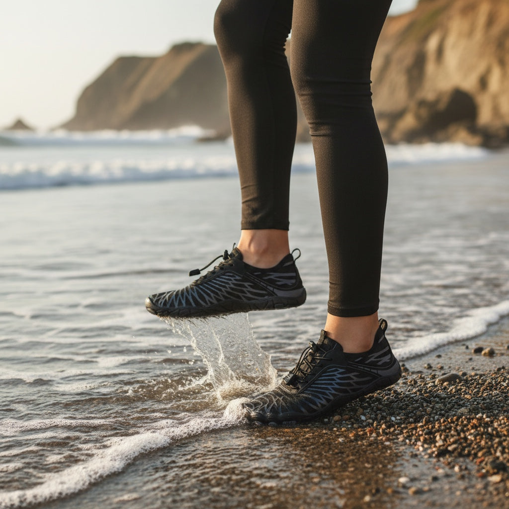 Black Veiro Nomad barefoot shoes worn along the shoreline, demonstrating their outdoor and everyday versatility.