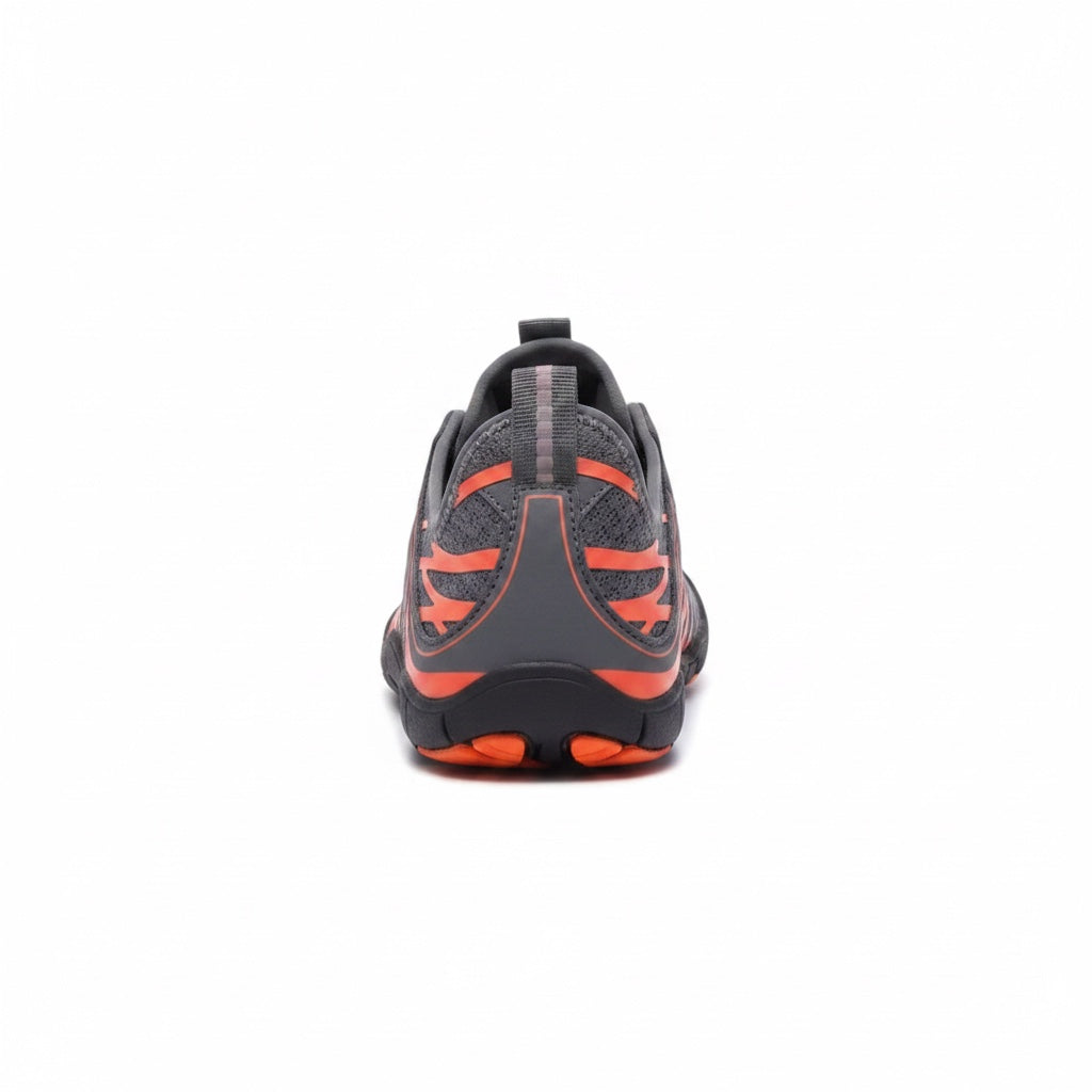 Rear view of the black and red Veiro Nomad barefoot shoe showing the heel construction and red outsole details