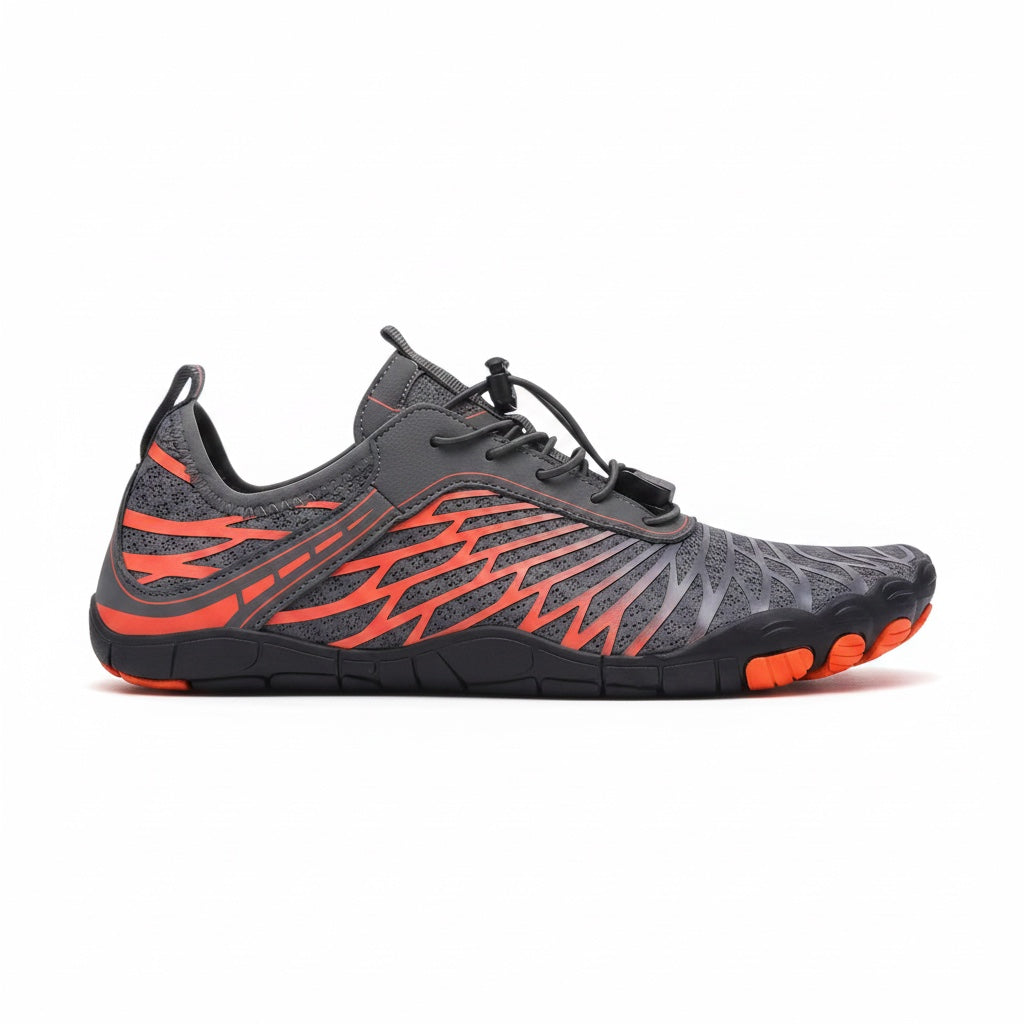 Black and red Veiro Nomad barefoot shoe shown from the side, highlighting its lightweight design and flexible outsole.