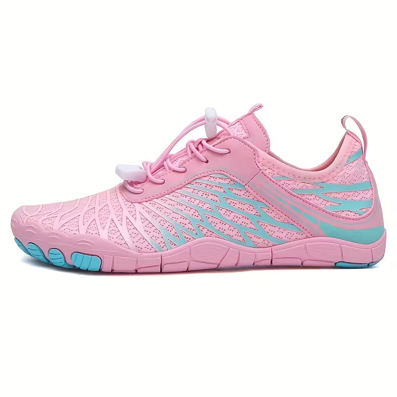 Angled view of the pink Veiro Nomad barefoot shoes showing the breathable upper and flexible outsole.