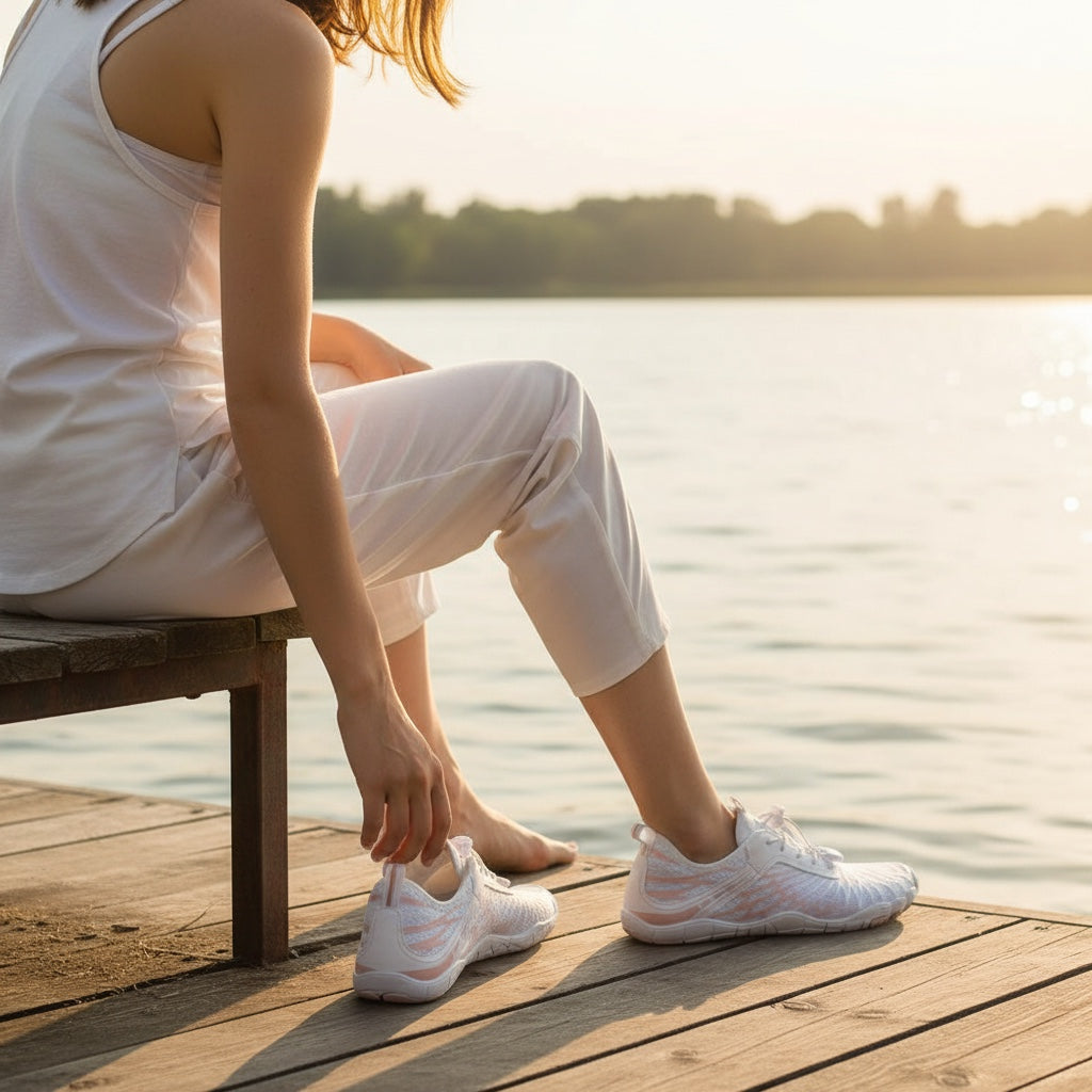 White Nomad barefoot shoes worn during an outdoor walk, demonstrating their lightweight everyday style.
