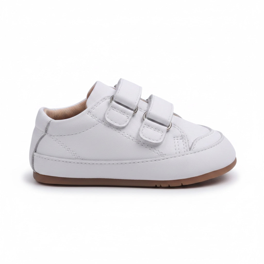 White baby first walker shoes with double hook and loop straps and flexible brown sole