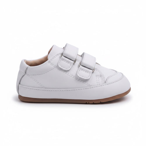 White baby first walker shoes with double hook and loop straps and flexible brown sole