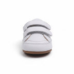 Front view of white baby shoes with two adjustable hook and loop straps
