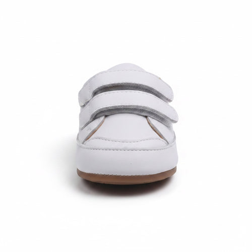 Front view of white baby shoes with two adjustable hook and loop straps