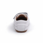 Rear view of white baby shoes showing the heel and soft brown sole
