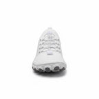 Front view highlighting the wide toe box and natural shape of the white barefoot shoe.