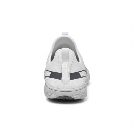 Rear view showing the heel structure and lightweight construction of the white barefoot shoe.