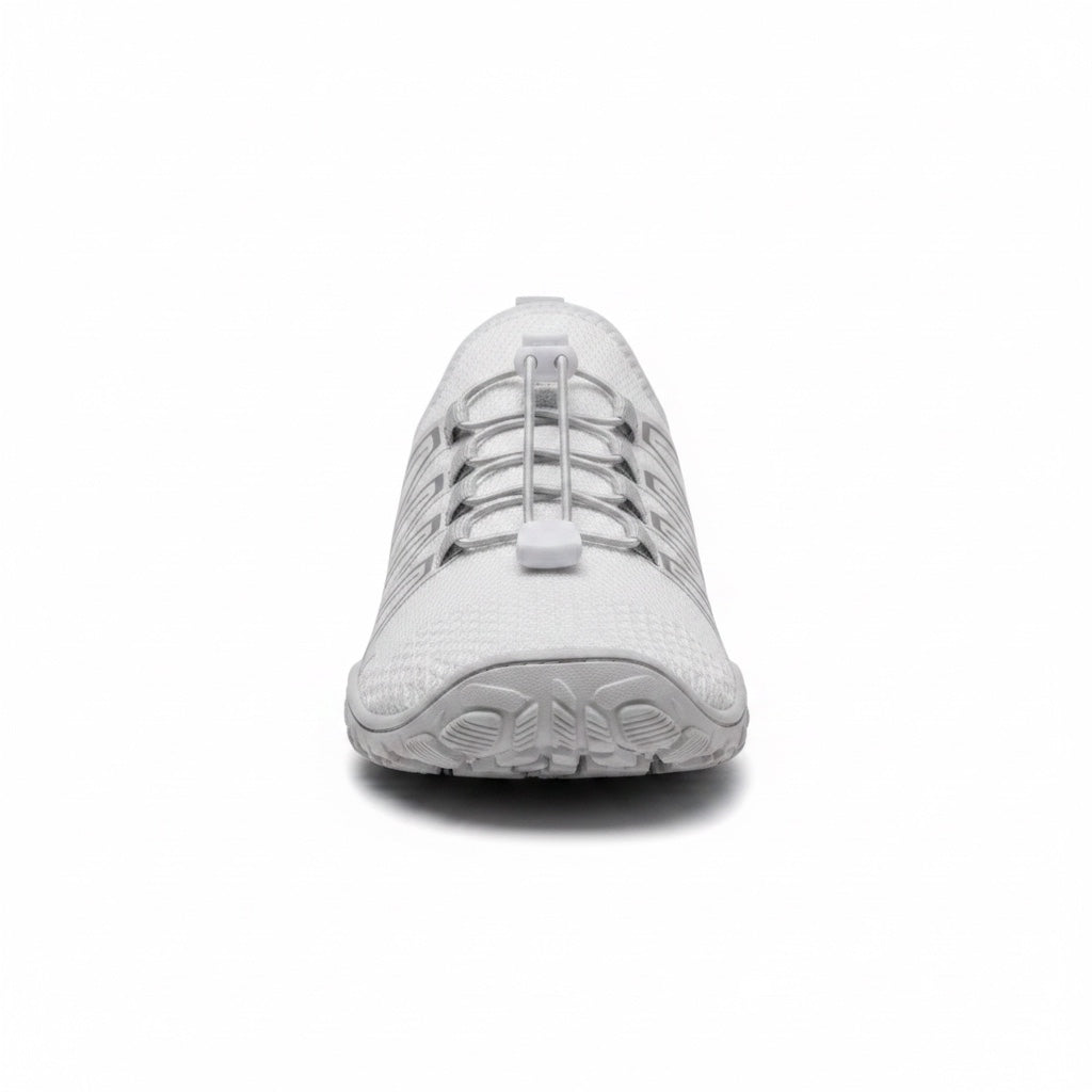 Front facing view showing the wide toe box and natural foot shaped design.