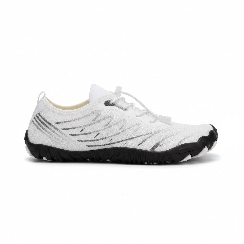 Side profile of the white barefoot shoe showing its lightweight construction and flexible outsole.