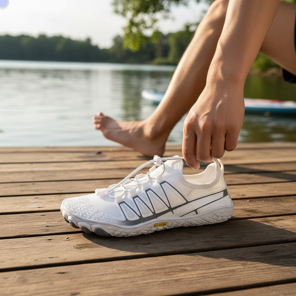 White barefoot shoes worn outdoors beside the water, demonstrating their versatile everyday design.