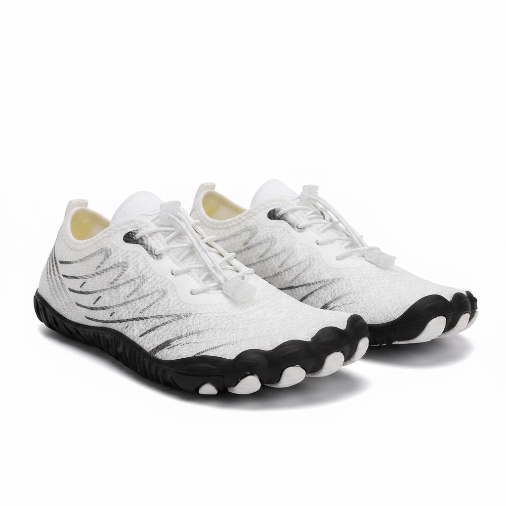 Pair of white barefoot shoes showing their lightweight minimalist construction.
