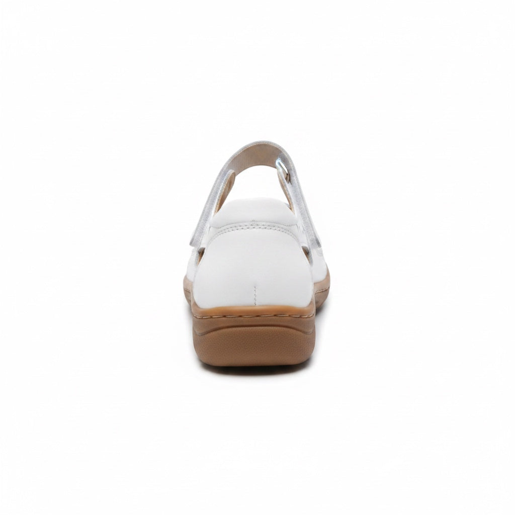 Rear view of a white comfort sandal showing the adjustable heel strap and brown sole