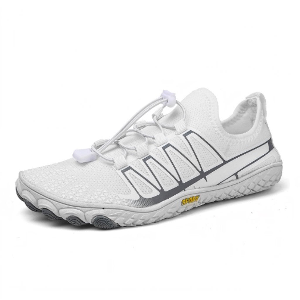 White barefoot shoe shown from the side, highlighting its breathable upper and natural foot-shaped design.