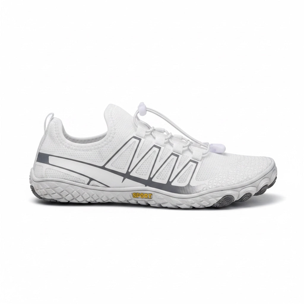 Side profile of the white unisex barefoot shoe showing its flexible sole and lightweight construction.