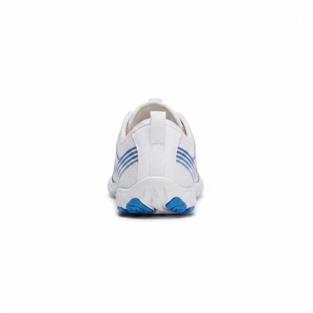 Rear view highlighting the heel structure and blue outsole detailing.