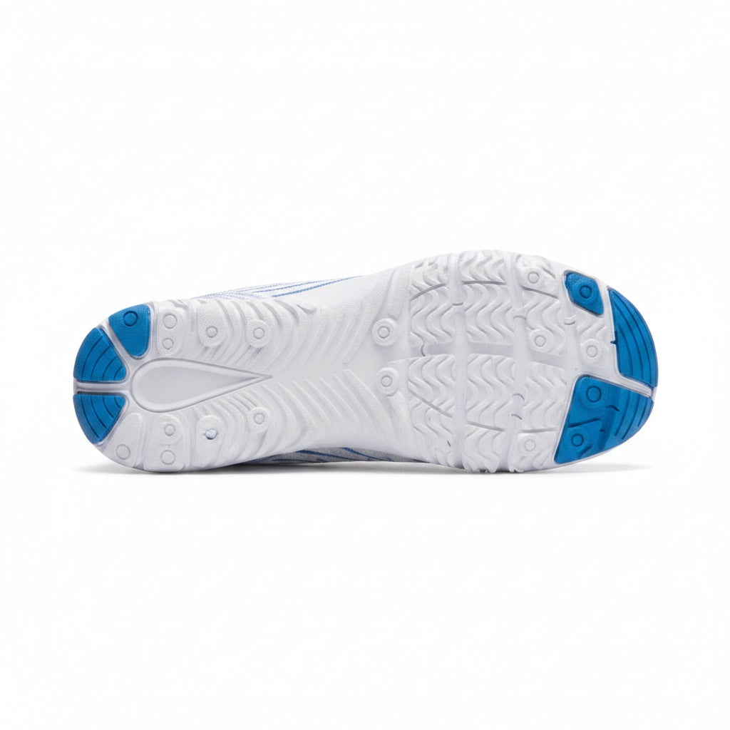 Bottom view showing the flexible outsole with blue grip sections.
