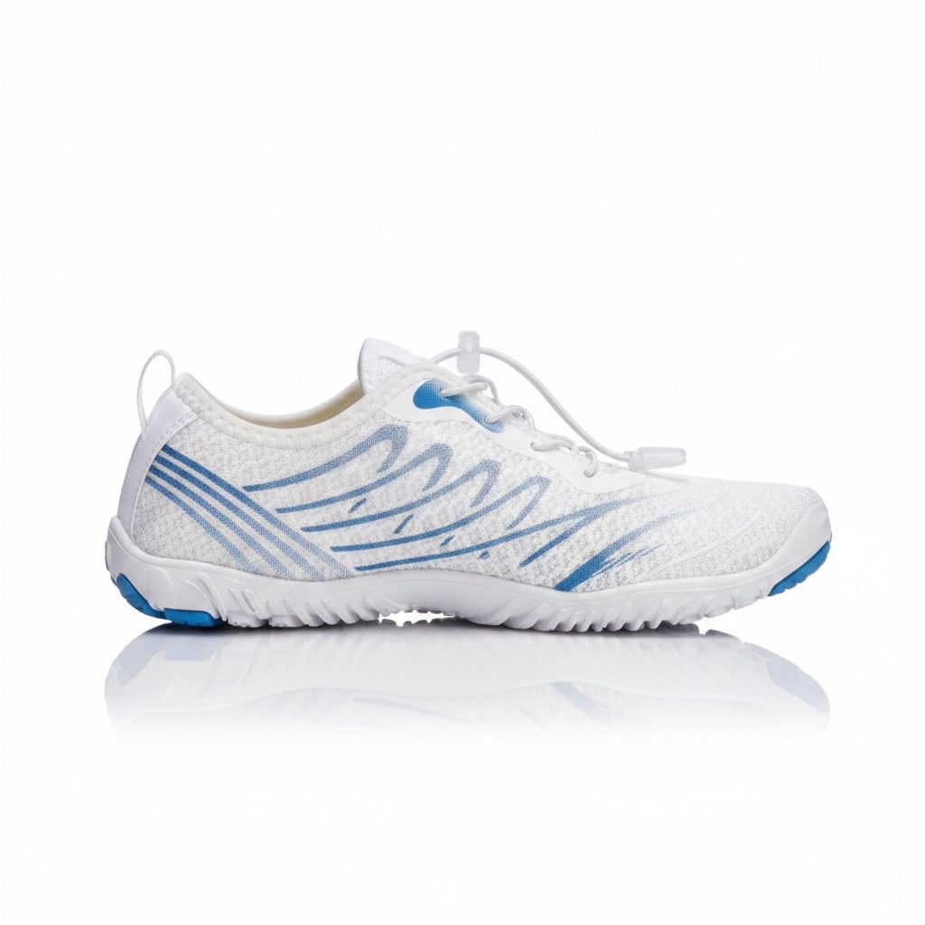 Side profile of the white and blue barefoot shoes highlighting the flexible sole and lightweight upper.