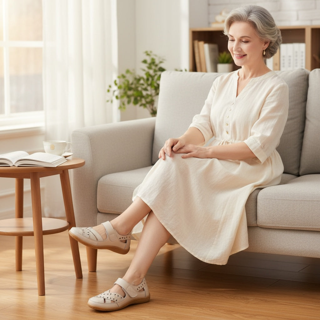 Woman wearing Beige comfort sandals while relaxing indoors